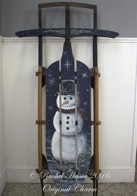 Snowman Hand Painted Vintage Runner Sled Image Christmas Wood