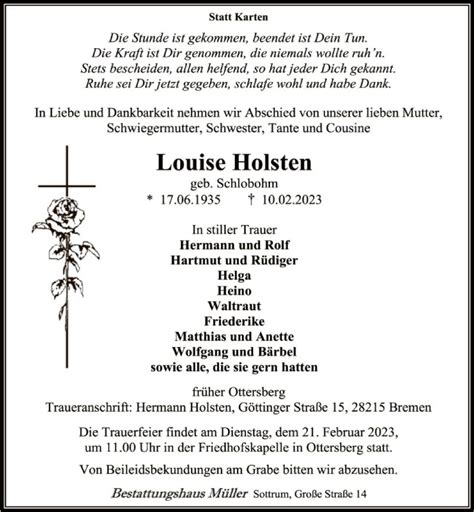 Traueranzeigen Von Louise Holsten Trauer Kreiszeitung De