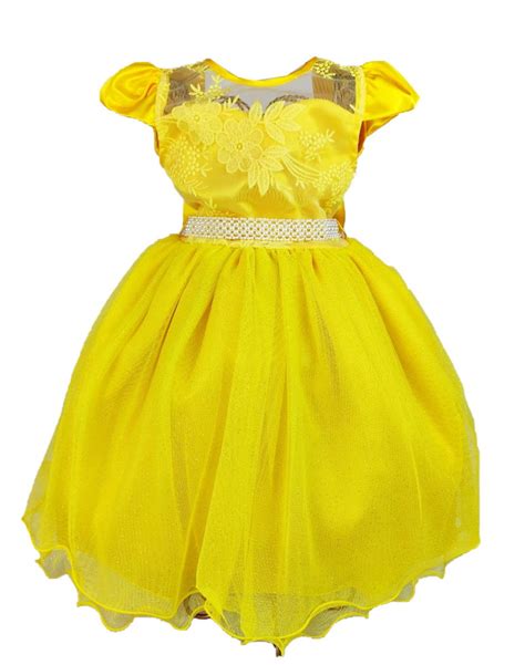 Vestido De Festa Infantil Amarelo Manga Ao Elo