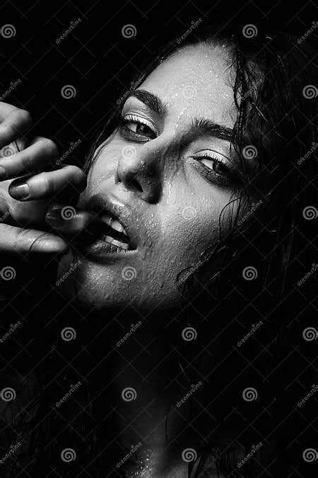 Wet Woman Portrait With Water Drops On The Face Black And White Stock