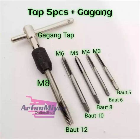 Hand Tap Set 5pcs M3 M8 Alat Pembuat Ulir Drat Dalam Plus Gagang 1 Hand