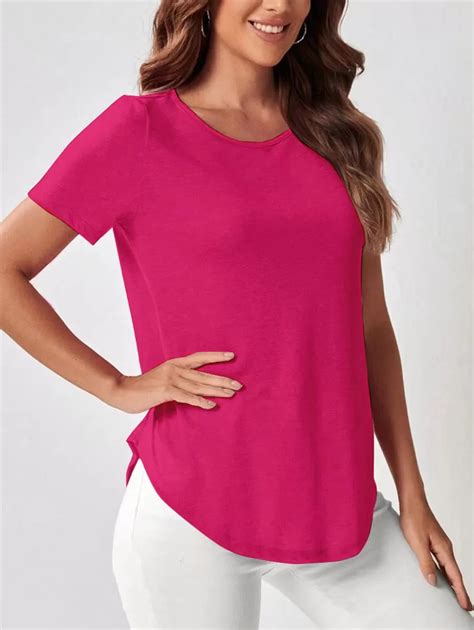 Casual Half Sleeve Top Curved Hem Fuchsia Nileton