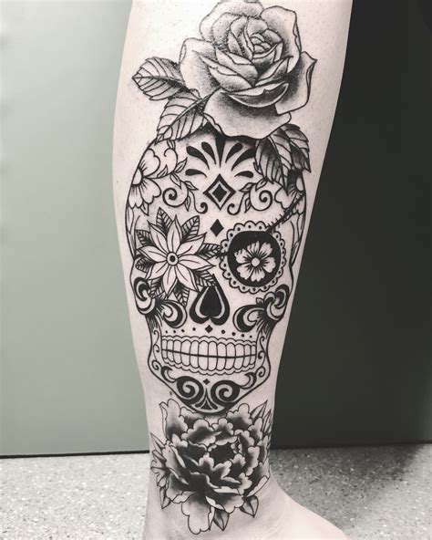 Sugar Skull Tattoo With Rose And Peony Sugar Skull Tattoos Girly Skull Tattoos Candy Skull