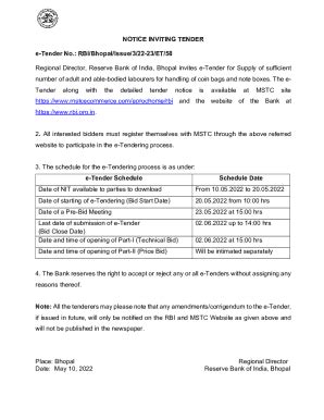 Fillable Online NOTICE INVITING TENDER E Tender No RBI Bhopal Issue 3