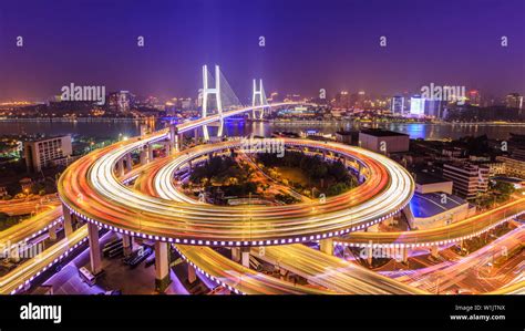 Beautiful Nanpu Bridge At Night Crosses Huangpu River Shanghai China