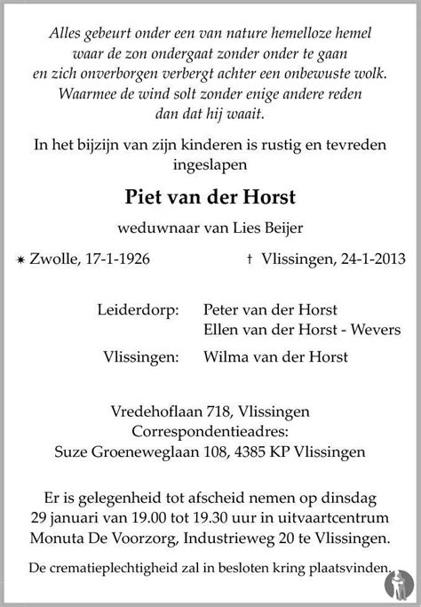 Piet Van Der Horst 24 01 2013 Overlijdensbericht En Condoleances