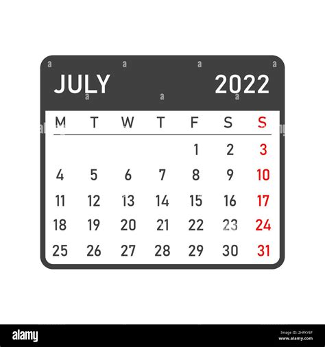 July 2022 Calendar Vector Illustration Of A Calendar For July 2022