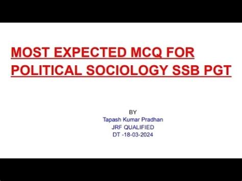 Most Expected Questions MCQ Political Sociology Ssb PGT Tgt Dssb