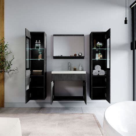 Meuble De Salle De Bain Rio Xl Led Cm Gris Armoire De Rangement