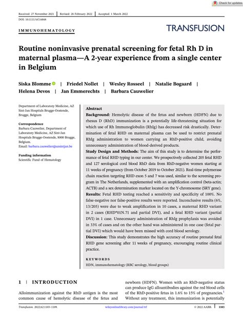 Pdf Routine Noninvasive Prenatal Screening For Fetal Rh D In Maternal