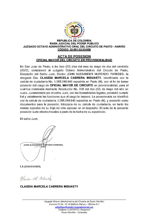 Acta De Posesion Oficial Mayor Claudia Marcela Cabrera Juzgado