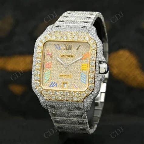 Real Diamonds Round Yellow White Fully Iced Out Moissanite Watch