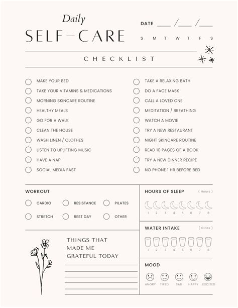 Daily Self Care Tracker Printable Daily Self Care Checklist Routine