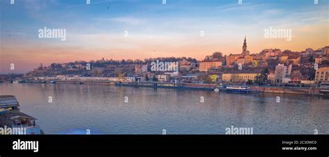 Belgrade Danube river boats and cityscape panoramic view Stock Photo ...