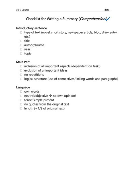 Summary Writing A Summary Unterrichtsmaterial Im Fach Englisch