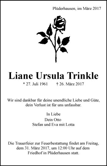 Traueranzeigen Von Liane Ursula Trinkle Zvw Trauer