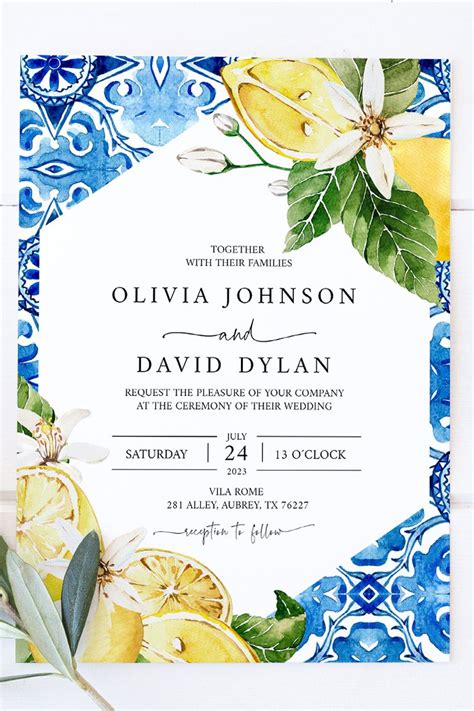 Blue Tiles Lemon Wedding Invitation Bundle Mediterranean Wedding Suite