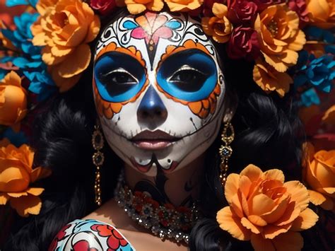 Premium Ai Image Da De Los Muertos Day Of The Dead Woman With Sugar Skull Makeup On A Floral