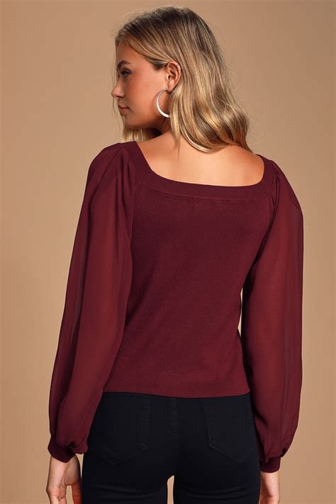 Burgundy Chiffon Sleeve Top Sweater Top Balloon Sleeve Top