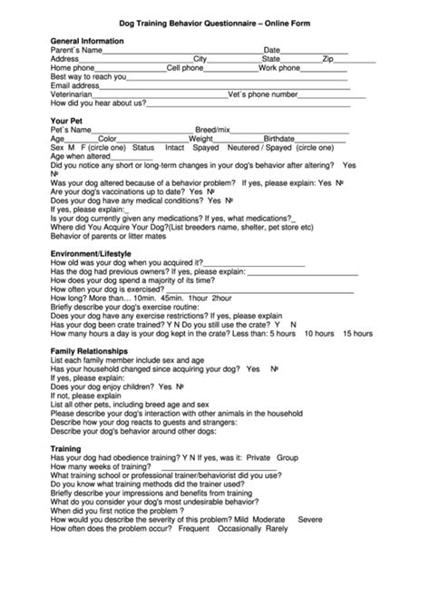 Dog Training Behavior Questionnaire Form printable pdf download