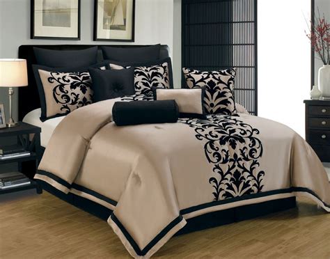 Elegant Master Bedroom Ideas With Black Beige Floral Print Comforter