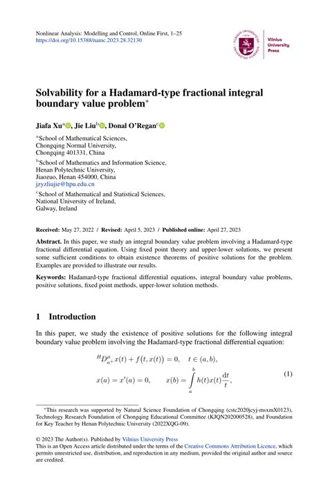 Pdf Solvability For A Hadamard Type Fractional Integral Boundary