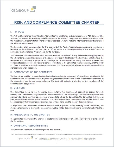 Free Tool Risk And Compliance Committee Charter Regroup Llc