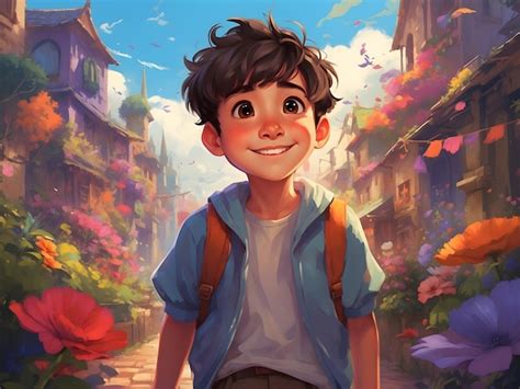 Un encantador niño en una vibrante ilustración de dibujos animados