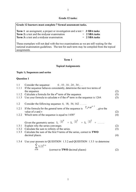 Mathematics Assignments Grade 12 Tasks Grade 12 Learners Must