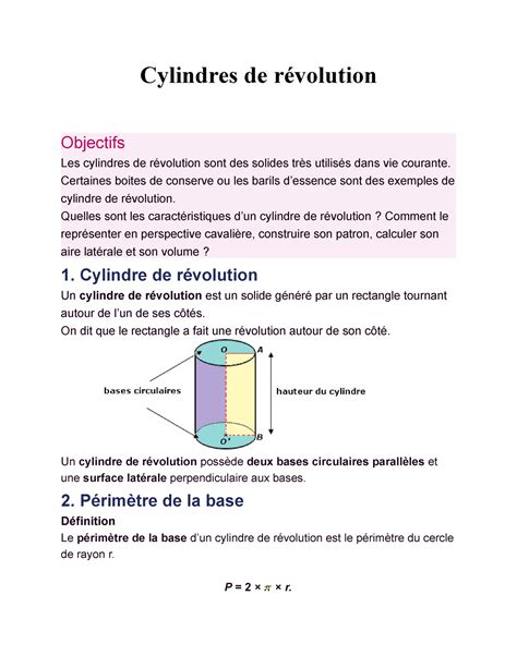 Cylindres De R Volution Cylindres De R Volution Objectifs Les