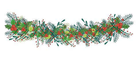 Horizontal border with Christmas tree, twigs and holly berries ...