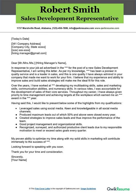 Sales Development Representative Cover Letter Examples Qwikresume