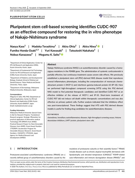 Pdf Pluripotent Stem Cell‐based Screening Identifies Cudc ‐907 As An