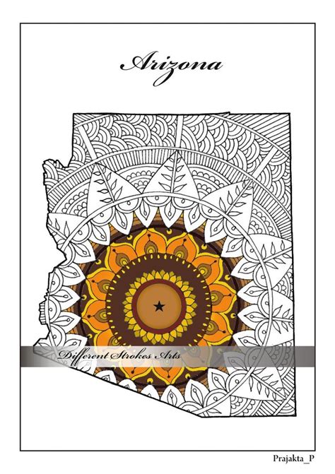 Arizona State Map Coloring Pages Adult Coloring Page Map Etsy