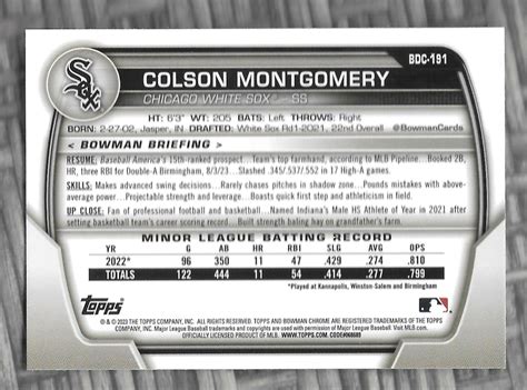 Colson Montgomery Topps Bowman Sp Rookie Rc Insert Bdc Mlb