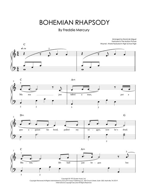 Bohemian Rhapsody Queen Partitura Para Piano En Nivel F Cil E