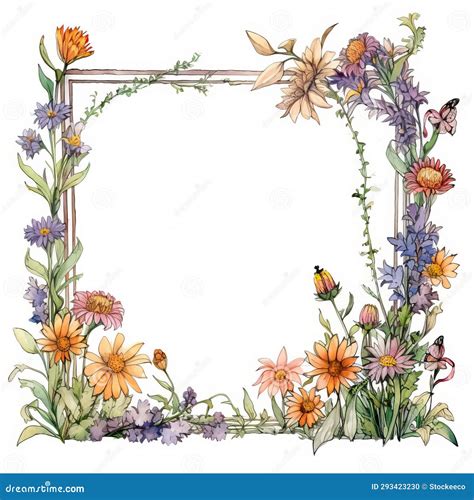 Watercolour Square Frame With Detailed Wildlife Flowers Stock