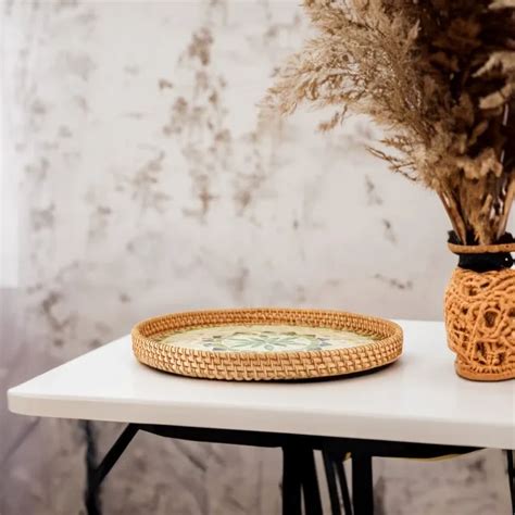 Rattan Tray Has A Circular Design Made Of Natural Rattan Inlaid With