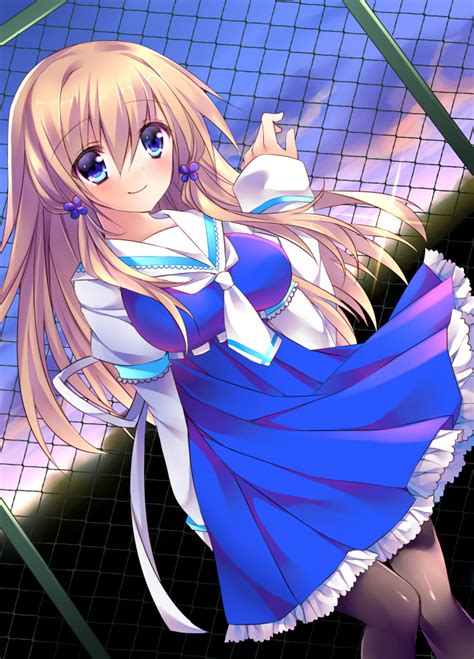 Safebooru Blonde Hair Blue Eyes Blush Dress Fence Hair Ornament Long