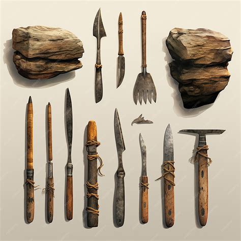 A Collection Of Different Types Of Swords And A Rock Premium Ai