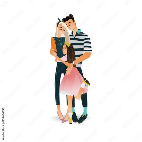 Happy family vector illustration with hugging of parents and daughter in cartoon style isolated ...