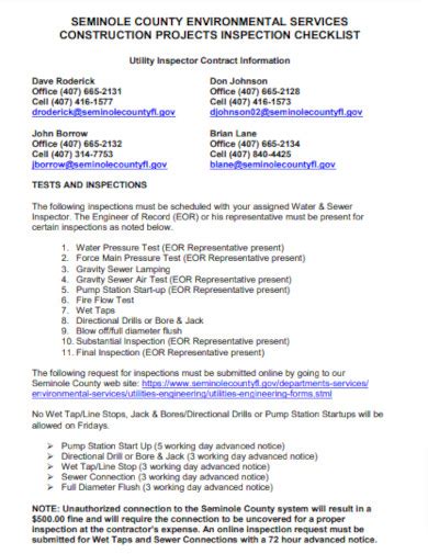 Sample Construction Inspection Checklist In Ms Word