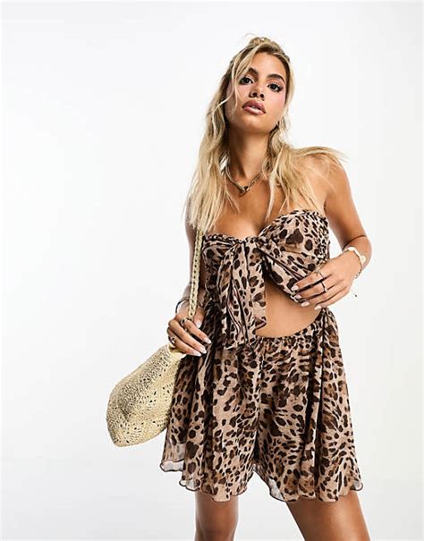 Miss Selfridge Beach Tie Front Bandeau Playsuit In Leopard Asos