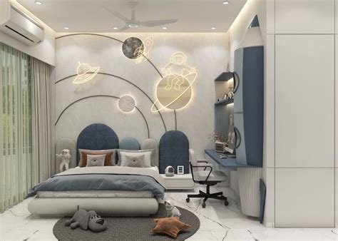 A Modern Bedroom With White Walls And Blue Accents