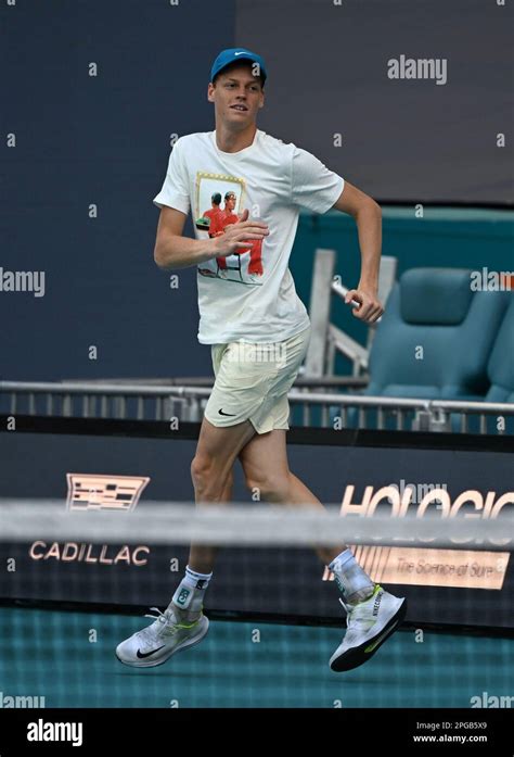 Miami Gardens FL, USA. 21st Mar, 2023. Jannik Sinner is seen training ...