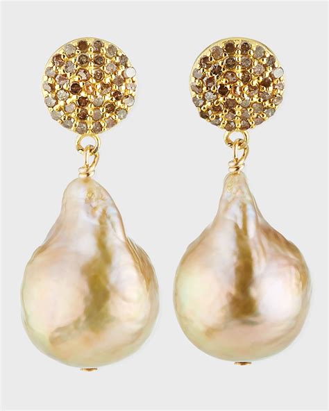 Margo Morrison Diamond Baroque Pearl Drop Earrings In Natural Pearl