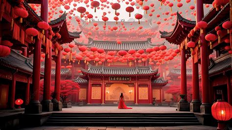 Red Chinese Ancient Building Landscape With An Asian Lady Standing Background, Red, Chinese ...