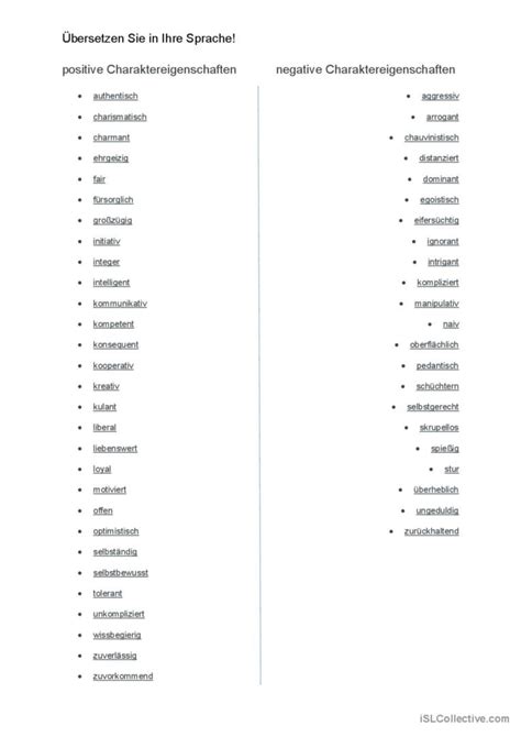 Charaktereigenschaften Deutsch DAF Arbeitsblätter pdf doc