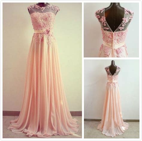 Elegant Light Pink Long Chiffon Prom Gown With Lace Applique Prom Dresses 2016 Party Dresses