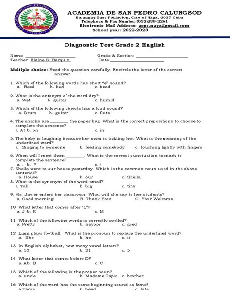 Academia De San Pedro Calungsod Grade 2 Diagnostic English Assessment Sample Questions And